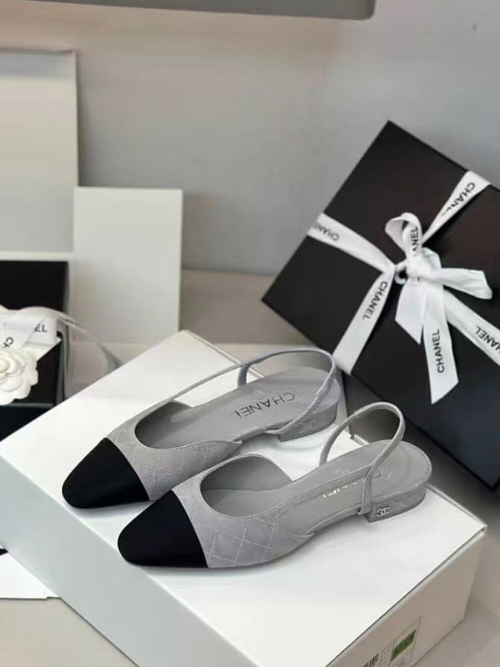 CHANEL Grey Quilt CC Slingback Flat Mules